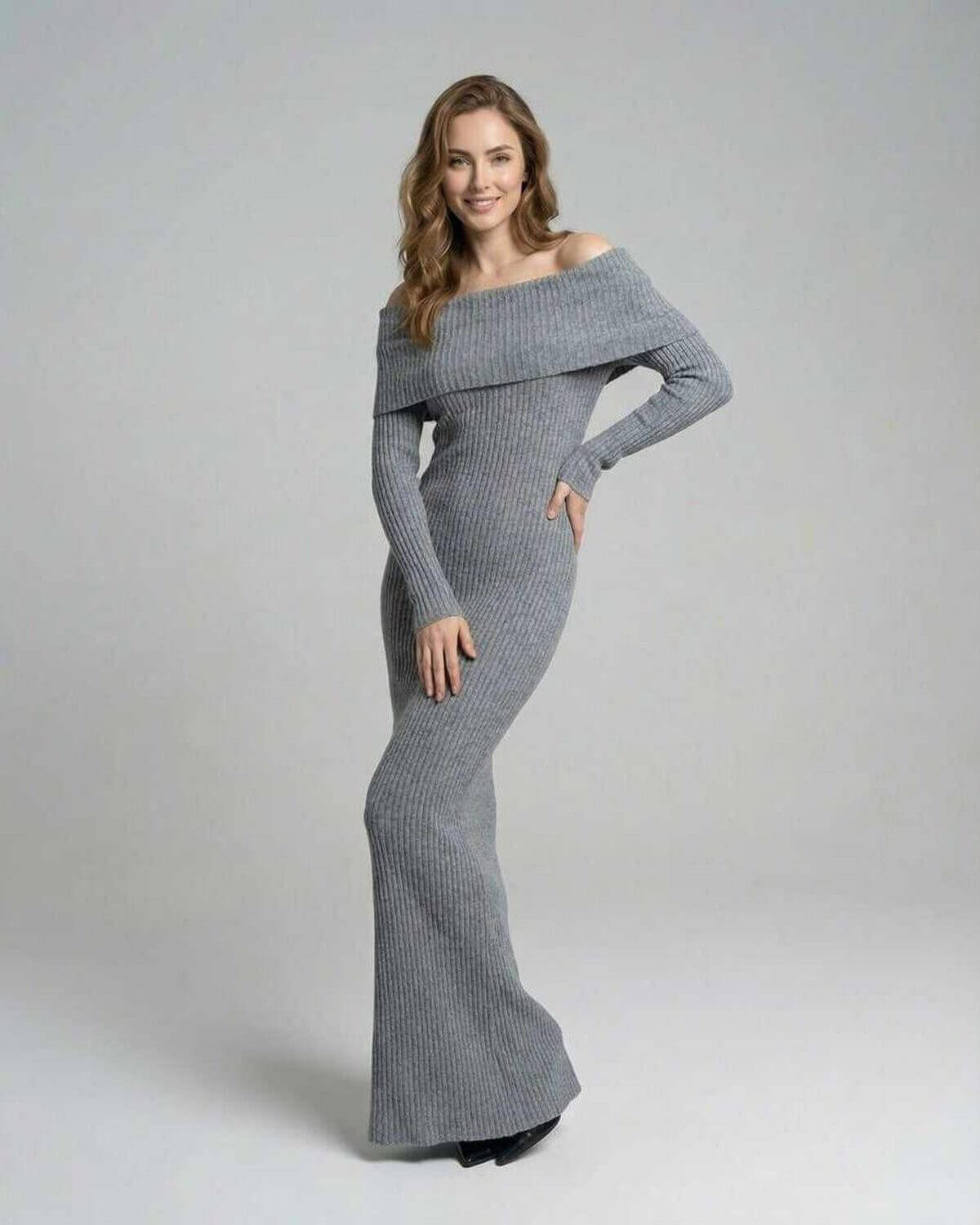 Sierra Maxi Dress by Lauven, ribbed gray off-shoulder sheath dress with a slim fit.