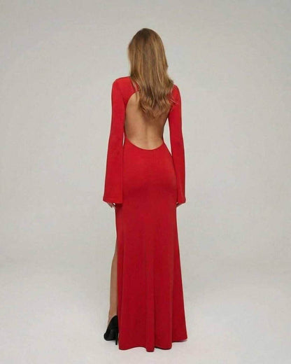 Virella Maxi Dress by Lauven - Red slim fit pencil silhouette with flare sleeves and a backless design.