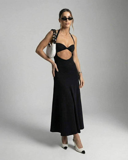 Nova Midi Dress by Lauven – Elegant cutout halter dress perfect for evening and club events.