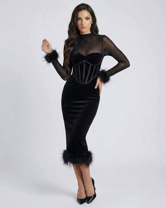 Orion Midi Dress by Lauven features feather trim and sheer mesh detail, perfect for modern evening elegance.