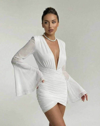 Celeste Mini Dress by Lauven, elegant V-neck sheath with dramatic sleeves in white fabric.