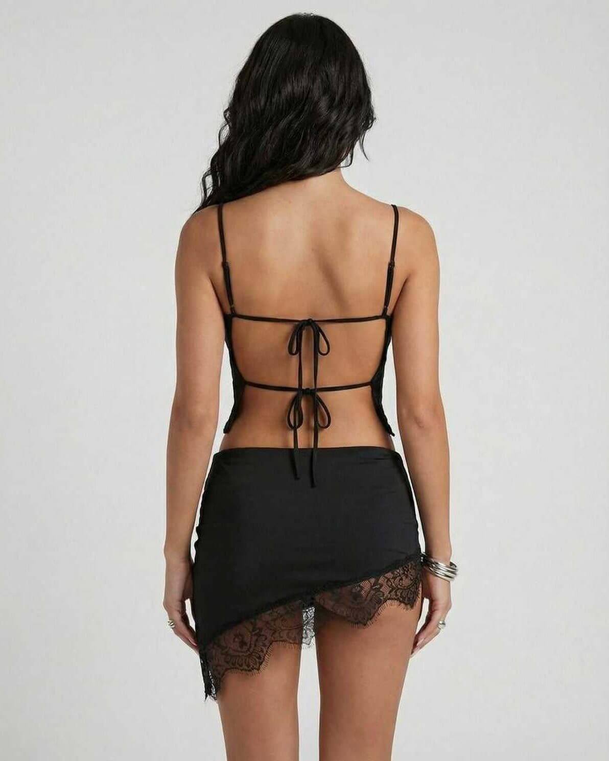 Vega Mini Dress by Lauven showing the back view with lace detail and a stylish cut.