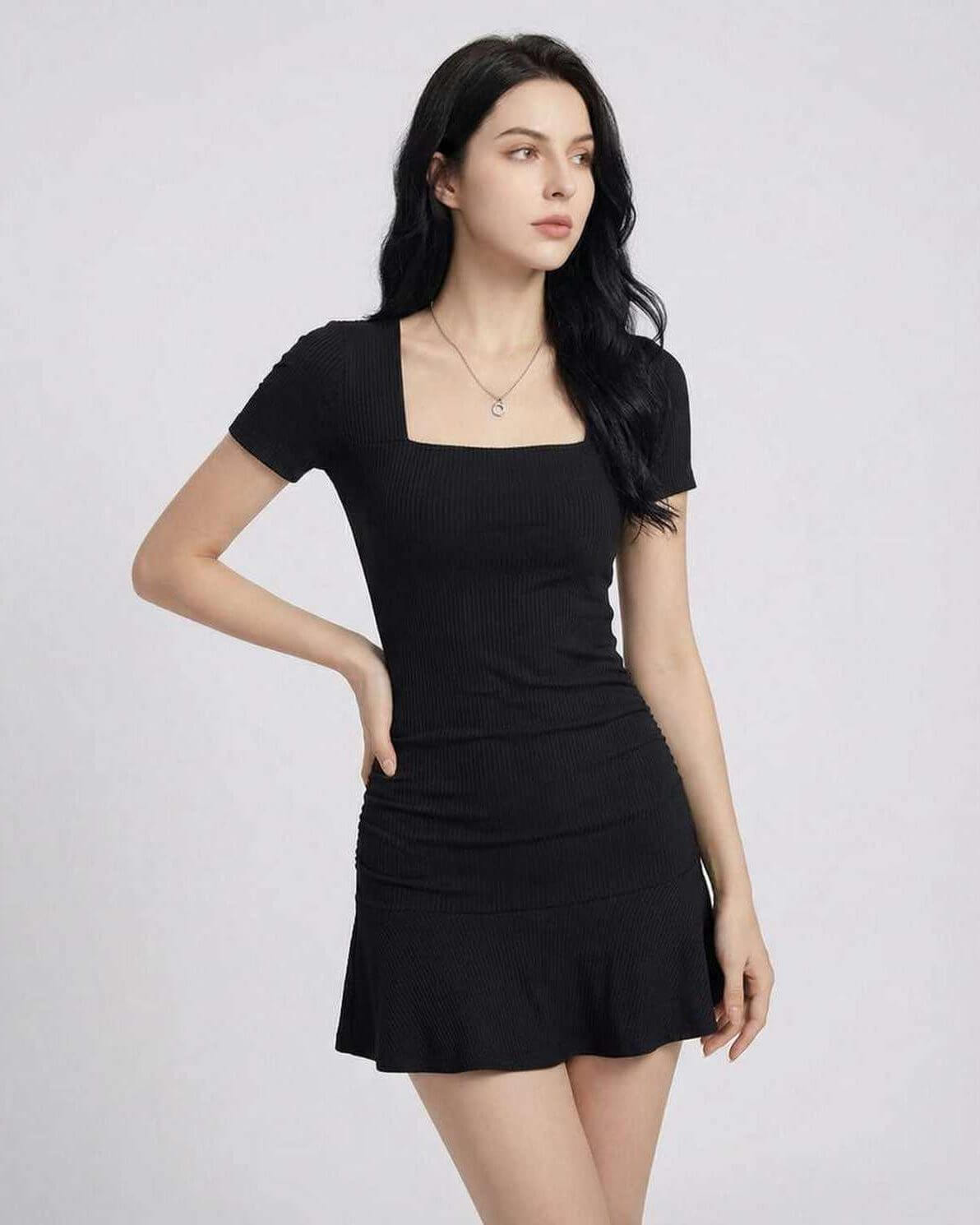 Hera Mini Dress by Lauven in sleek black, featuring a square neckline and modern sheath silhouette.