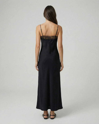 Selene Maxi Dress by Lauven, showcasing the elegant back view of the lace-trimmed spaghetti strap design.