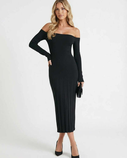 Celeste Midi Dress by Lauven, elegant off-shoulder slim fit black midi dress showcasing timeless sophistication.