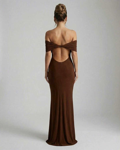 Celeste Maxi Dress by Lauven, showcasing a sleek brown strapless design with an elegant open back.
