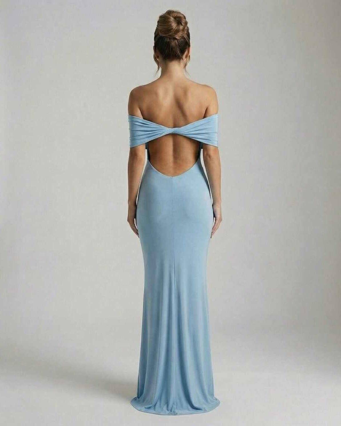 Luna Maxi Dress by Lauven - Back view of elegant light blue off-shoulder design with subtle ruched details.