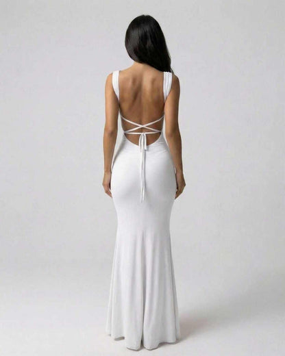 Ivory Maxi Dress by Lauven showcasing an elegant strappy back design and ankle-length silhouette.