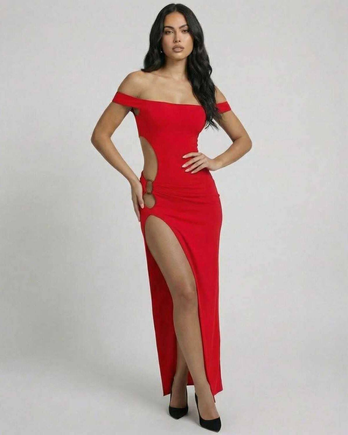 Elegant woman in a Crimsom Maxi Dress by Lauven, showcasing off-shoulder design and high slit in vibrant red.
