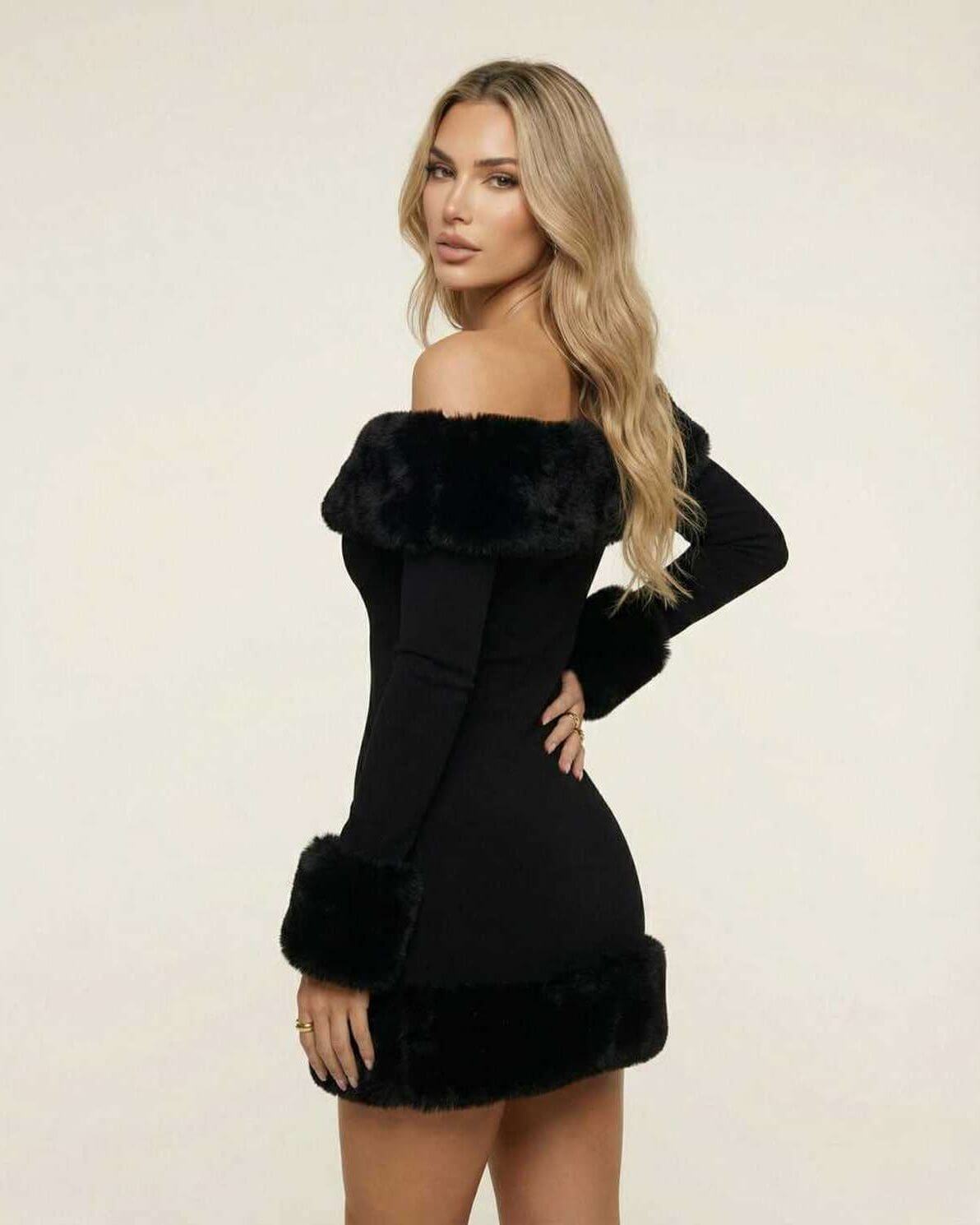 Luna Mini Dress by Lauven with faux fur trim, showcasing an elegant off-shoulder design for autumn fashion.