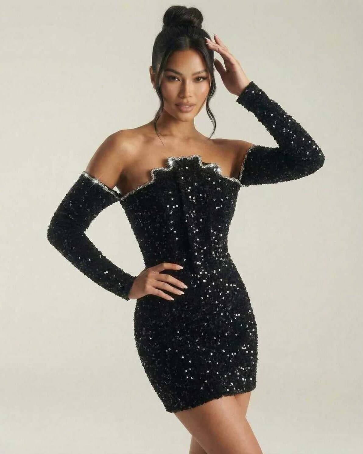 Celeste Mini Dress by Lauven, black off-shoulder sequin sheath silhouette perfect for evening wear.
