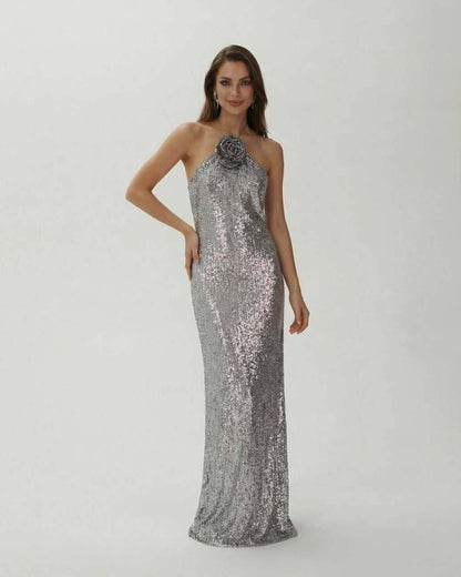 Stunning Lunaria Maxi Dress by Lauven featuring silver sequins and a halter neckline with floral detail.