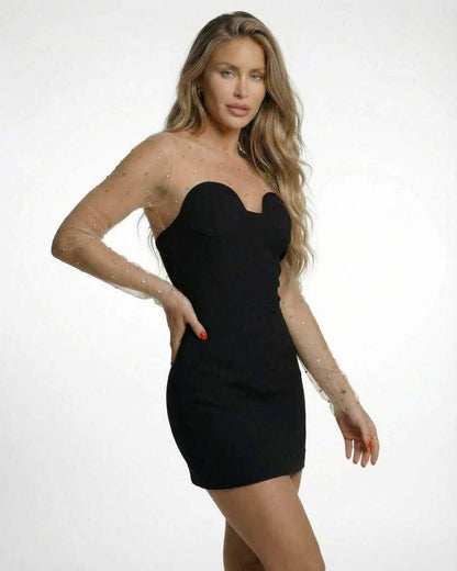 Stella Mini Dress by Lauven featuring sheer embellished sleeves and a fitted black silhouette.