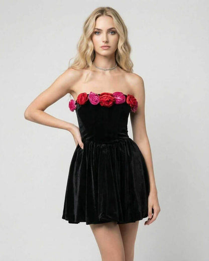 Aurora Mini Dress by Lauven - Strapless black velvet dress with floral appliqués on neckline.
