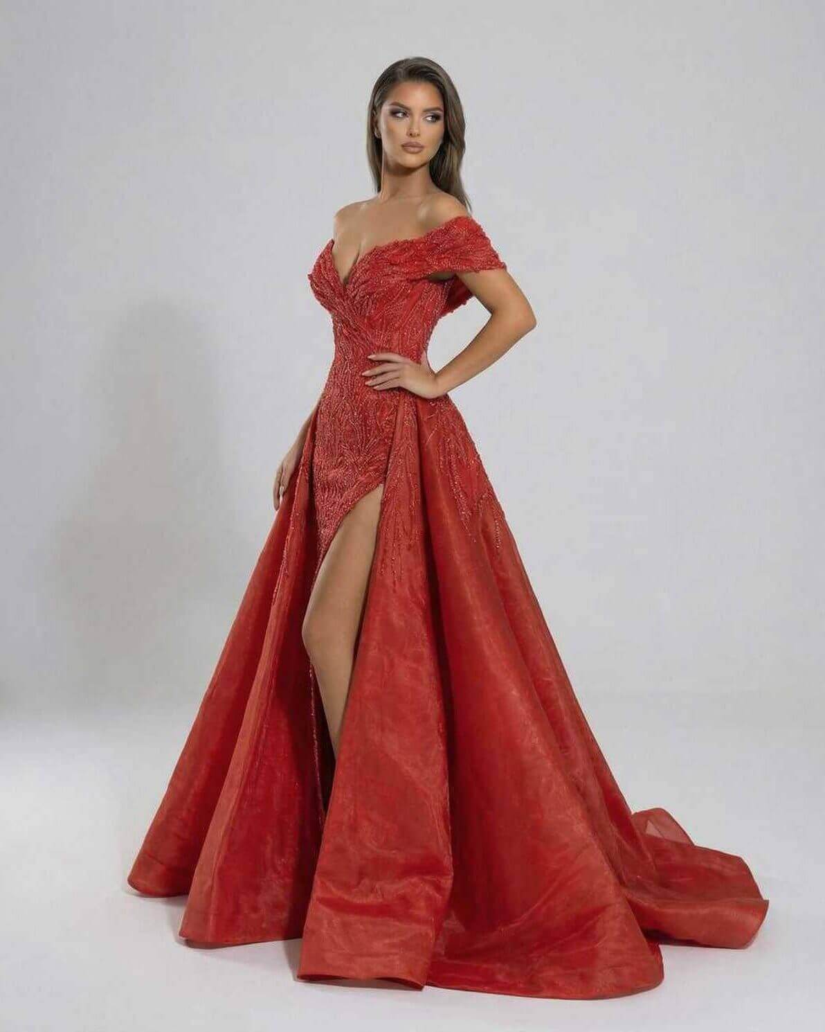 Scarlet Maxi Dress by Lauven - Dramatic red sequin off the shoulder evening gown with A-line silhouette.