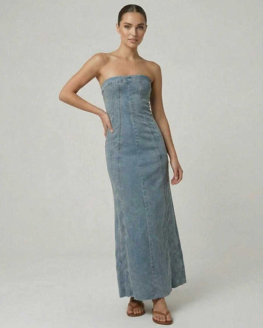 Dune Midi Dress by Lauven, a sleek strapless trumpet dress in denim-inspired fabric, flattering fit.