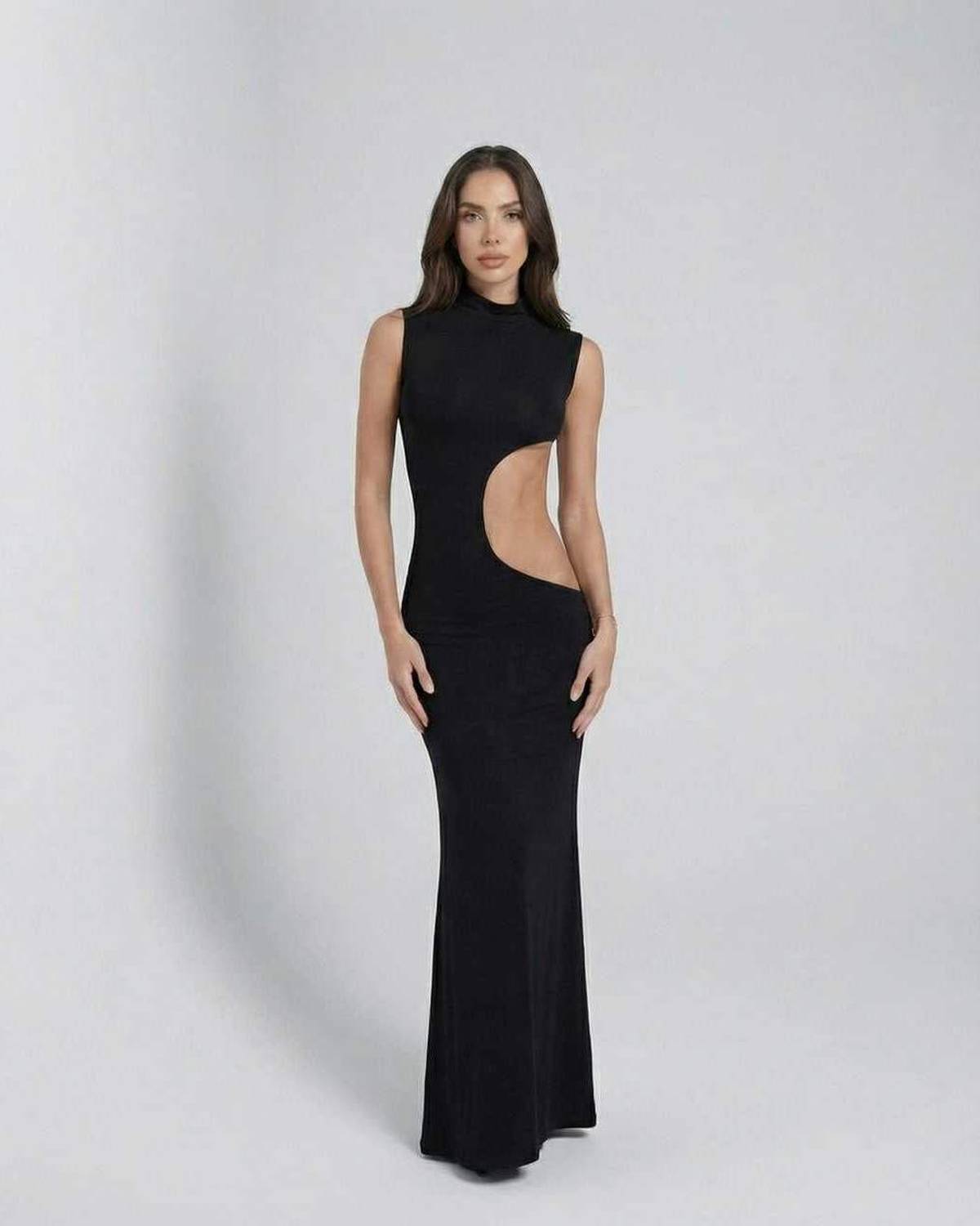 Vega Maxi Dress by Lauven – Elegant sleeveless black dress with a cutout and high-stretch fabric for a sleek silhouette.