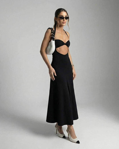 Nova Midi Dress by Lauven – Elegant cutout halter dress showcasing a slim fit silhouette.