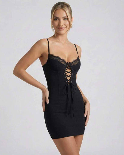 Lauven Vera Mini Dress in black, featuring lace-up front, V-neckline, and sleek sheath silhouette.