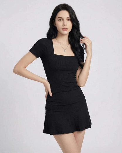 Hera Mini Dress by Lauven, sleek sheath silhouette with square neckline and short sleeves in black.
