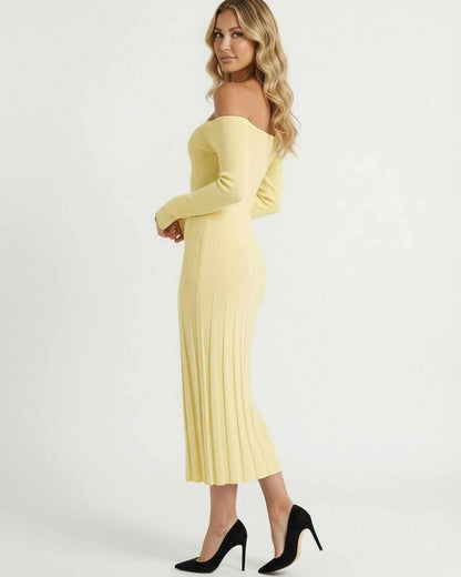 Solara Midi Dress by Lauven, elegant off-shoulder yellow ribbed knitwear showcasing modern elegance.