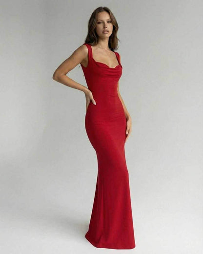 Scarlet Maxi Dress by Lauven featuring a sleek spaghetti strap silhouette in vibrant red.