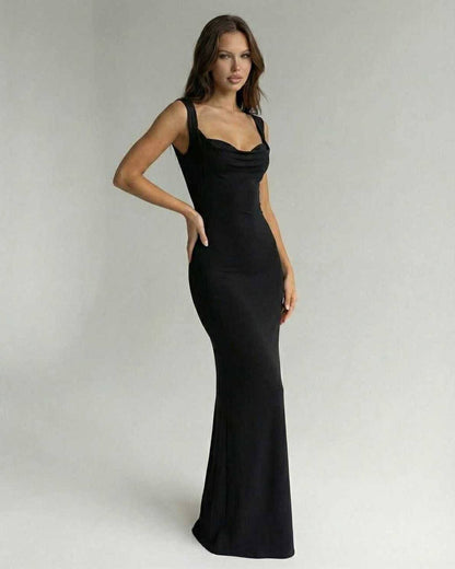Obsidian Maxi Dress by Lauven - sleek strappy black dress with a flattering silhouette and sweetheart neckline.