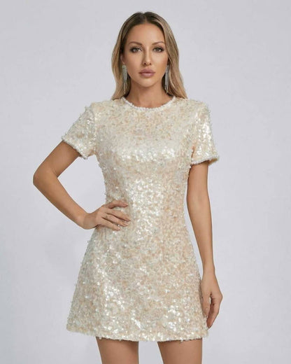 Lauven Luna Mini Dress with sequin embellishments in soft beige color, perfect for elegant occasions.