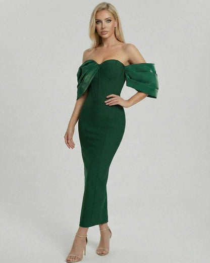 Verona Midi Dress by Lauven - Elegant green off the shoulder midi dress for evening and cocktail events.