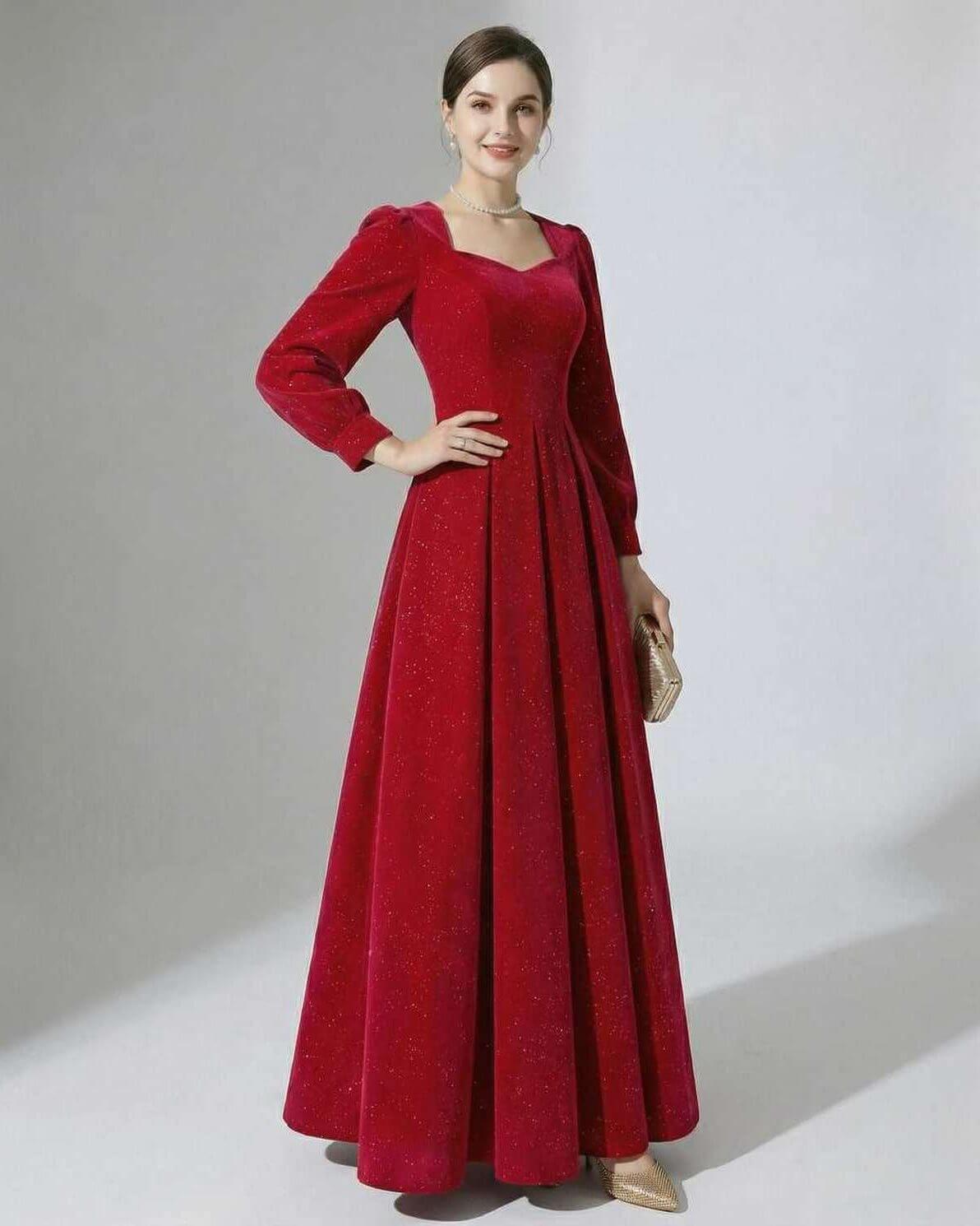 Celeste Maxi Dress by Lauven – Elegant red A-line velvet gown with puff sleeves and subtle glitter accents.