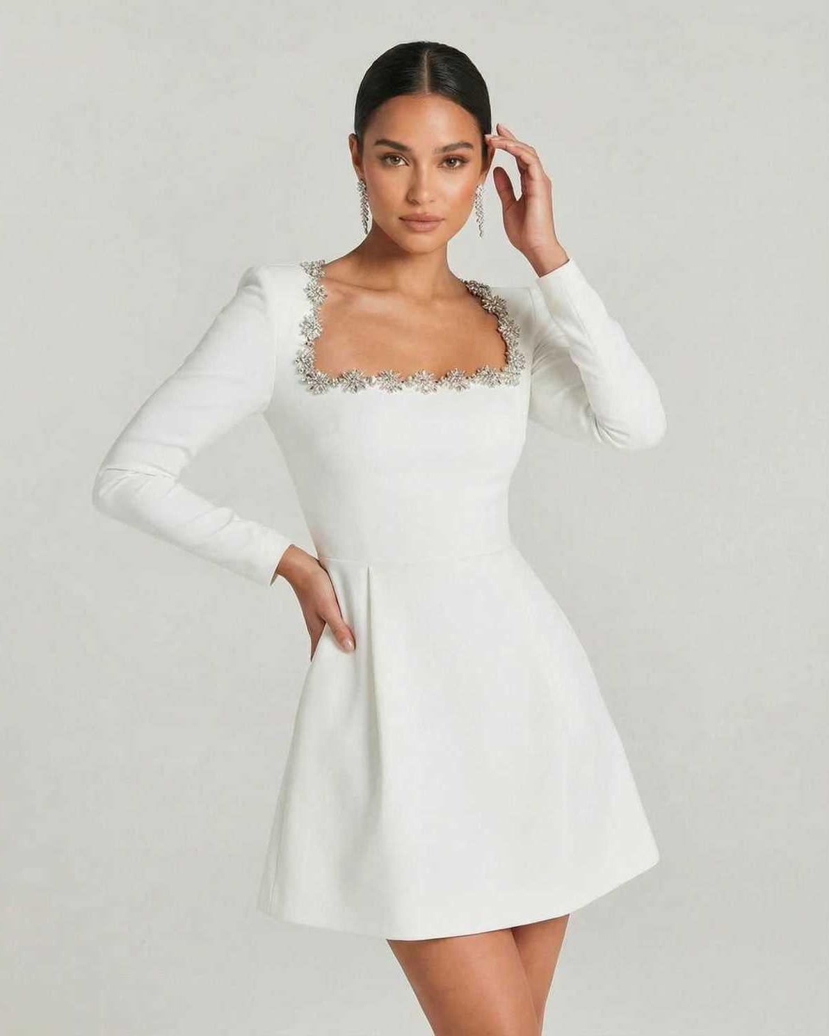 Serena Mini Dress by Lauven featuring an elegant square collar and A-line silhouette in white.
