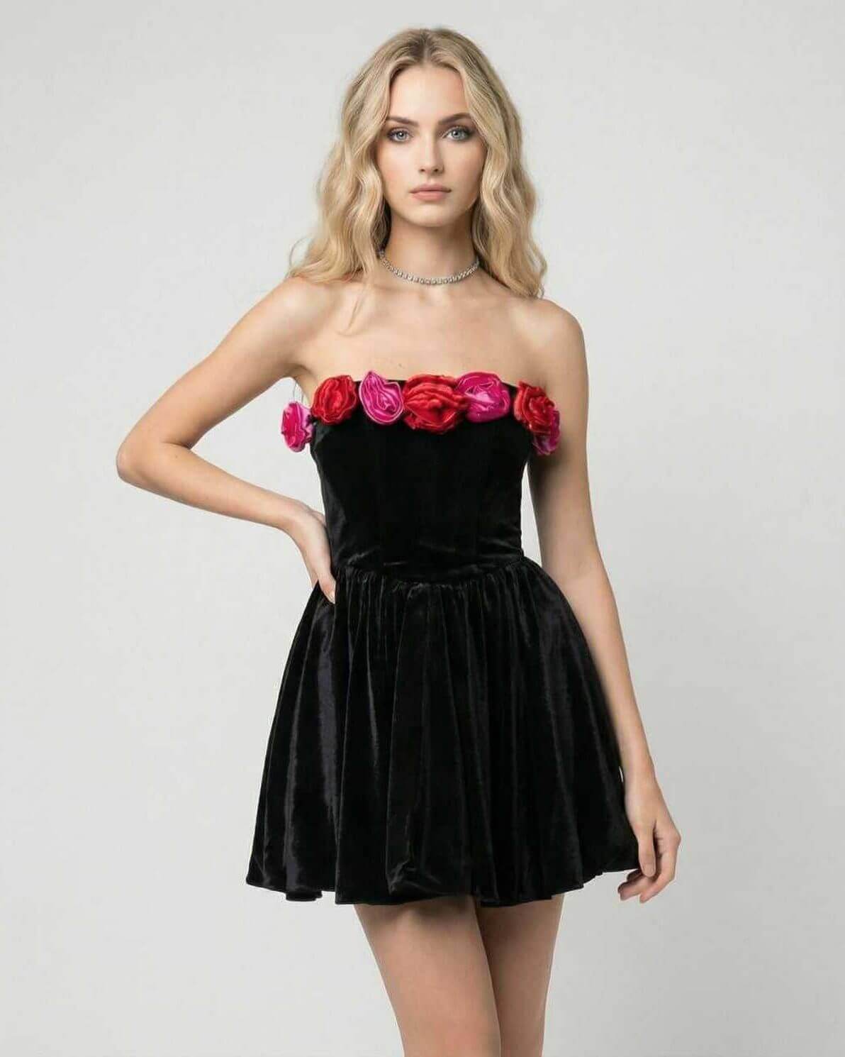 Aurora Mini Dress by Lauven, floral strapless black velvet evening dress with A-line shape.