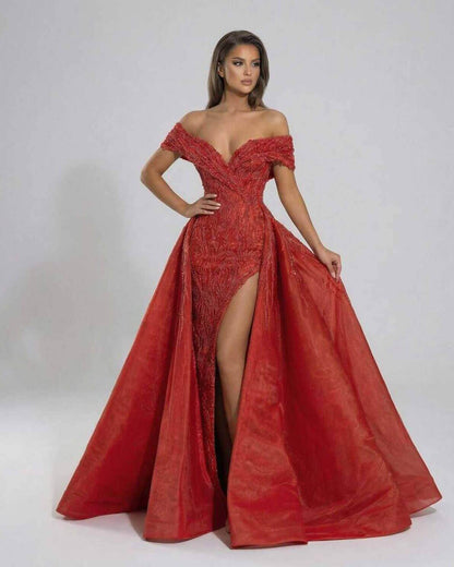 Scarlet Maxi Dress by Lauven, dramatic red sequin off the shoulder formal evening gown with high slit.