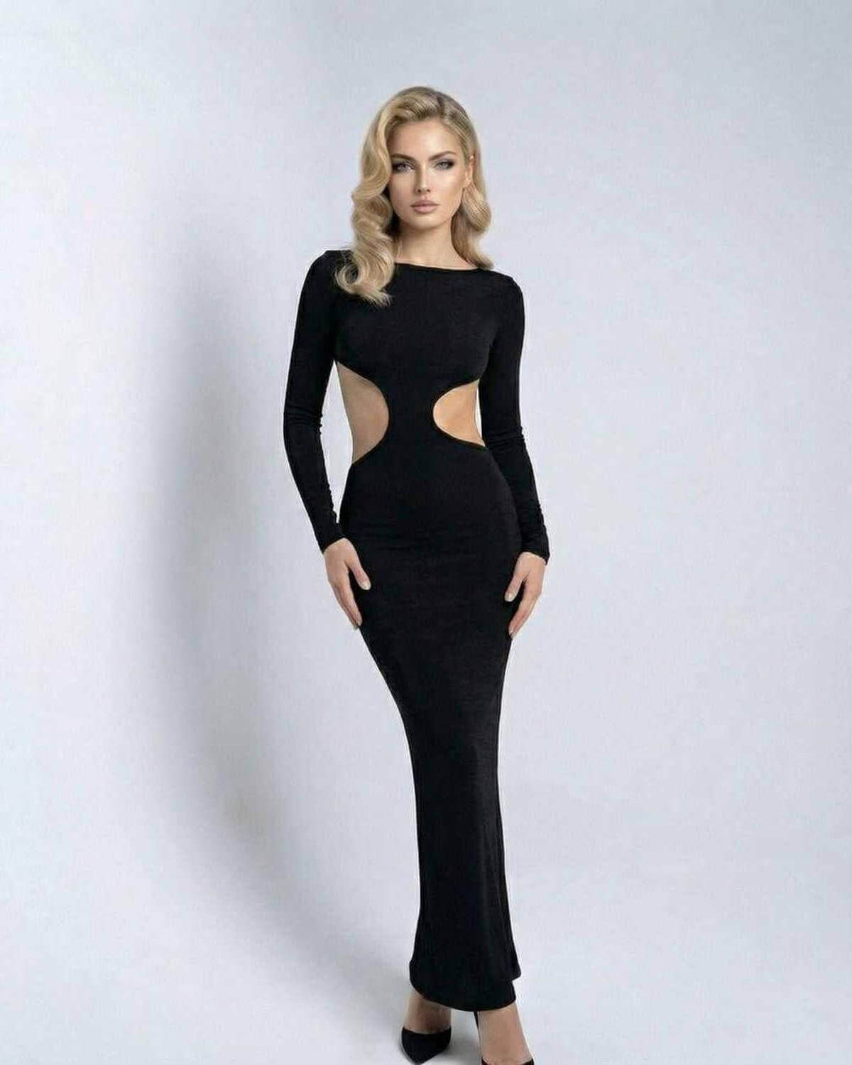 Monaco Maxi Dress by Lauven, black long sleeve cut out maxi dress, sculpted ankle-length silhouette.