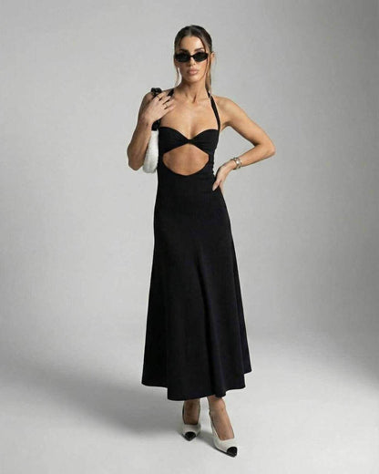 Nova Midi Dress by Lauven – Elegant cutout halter dress perfect for evening and club events.