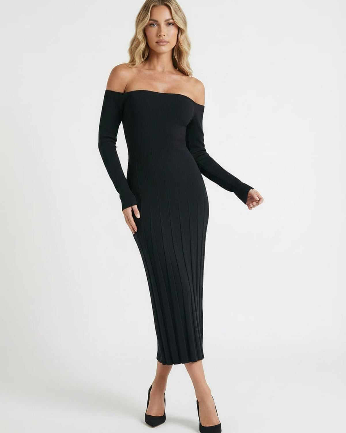 Celeste Midi Dress by Lauven - Elegant off-shoulder slim fit black midi dress showcasing a chic ribbed design.