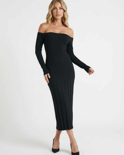 Celeste Midi Dress by Lauven - Elegant off-shoulder slim fit black midi dress showcasing a chic ribbed design.