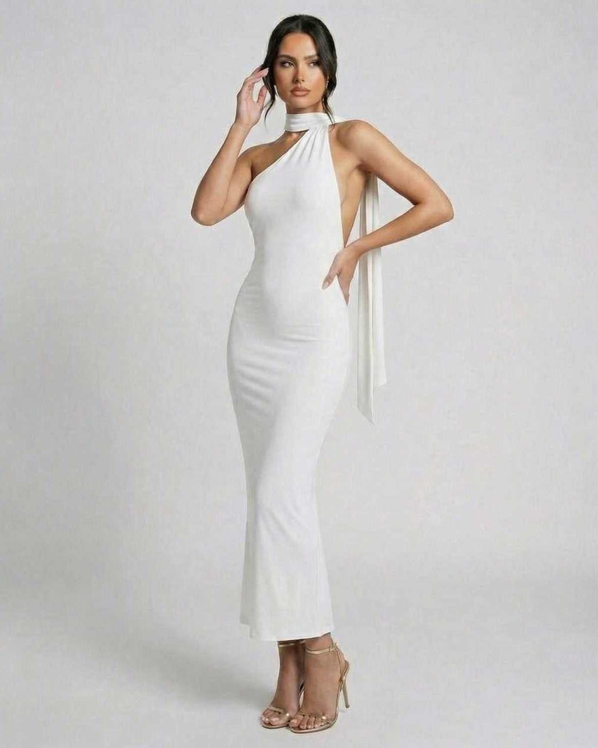 Luna Maxi Dress by Lauven - Elegant white halter neck gown showcasing a sleek silhouette and chic design details.