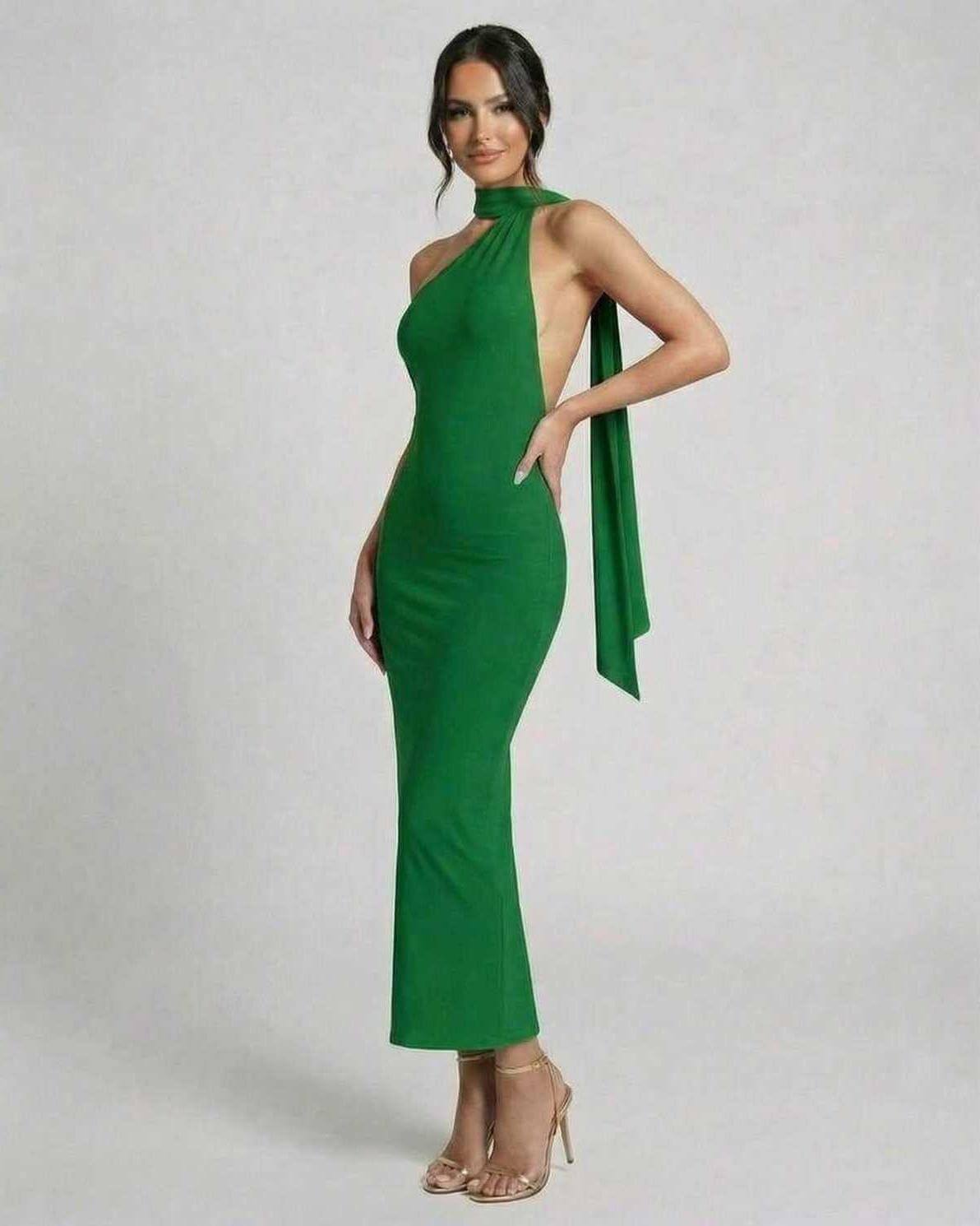 Ivy Maxi Dress by Lauven, elegant green halter neck gown showcasing an open back and sleek silhouette.