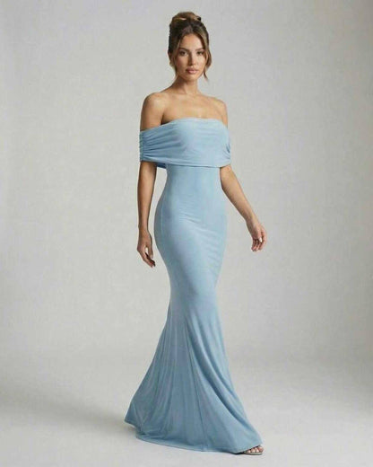 Luna Maxi Dress by Lauven in light blue, featuring a sleek off-shoulder silhouette and elegant floor-length design.
