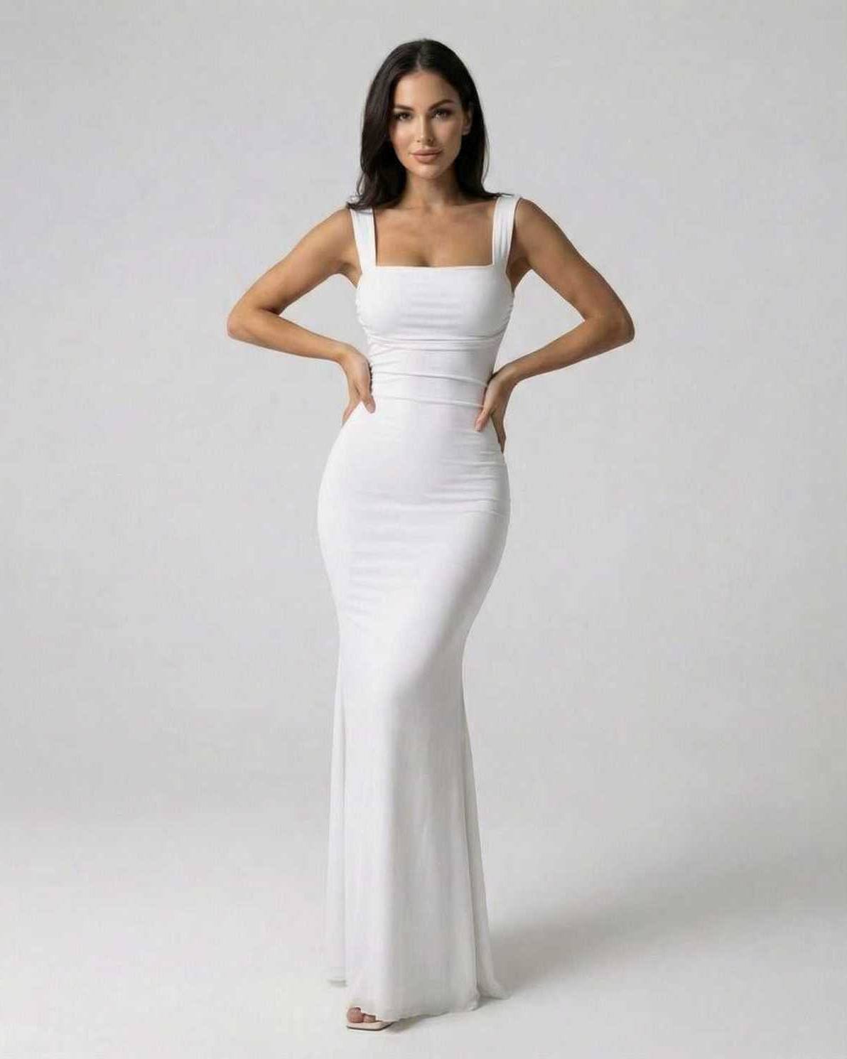 Ivory Maxi Dress by Lauven, elegant ankle-length silhouette with strappy back, slim fit and modern design.