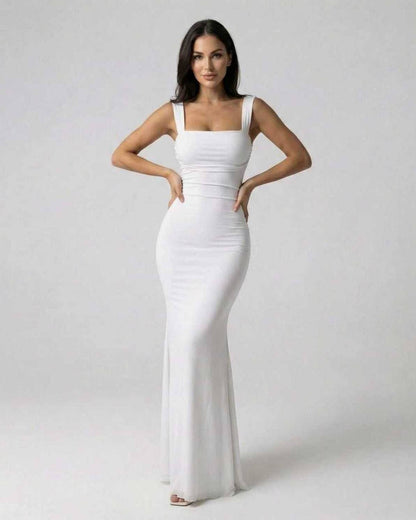 Ivory Maxi Dress by Lauven, elegant ankle-length silhouette with strappy back, slim fit and modern design.