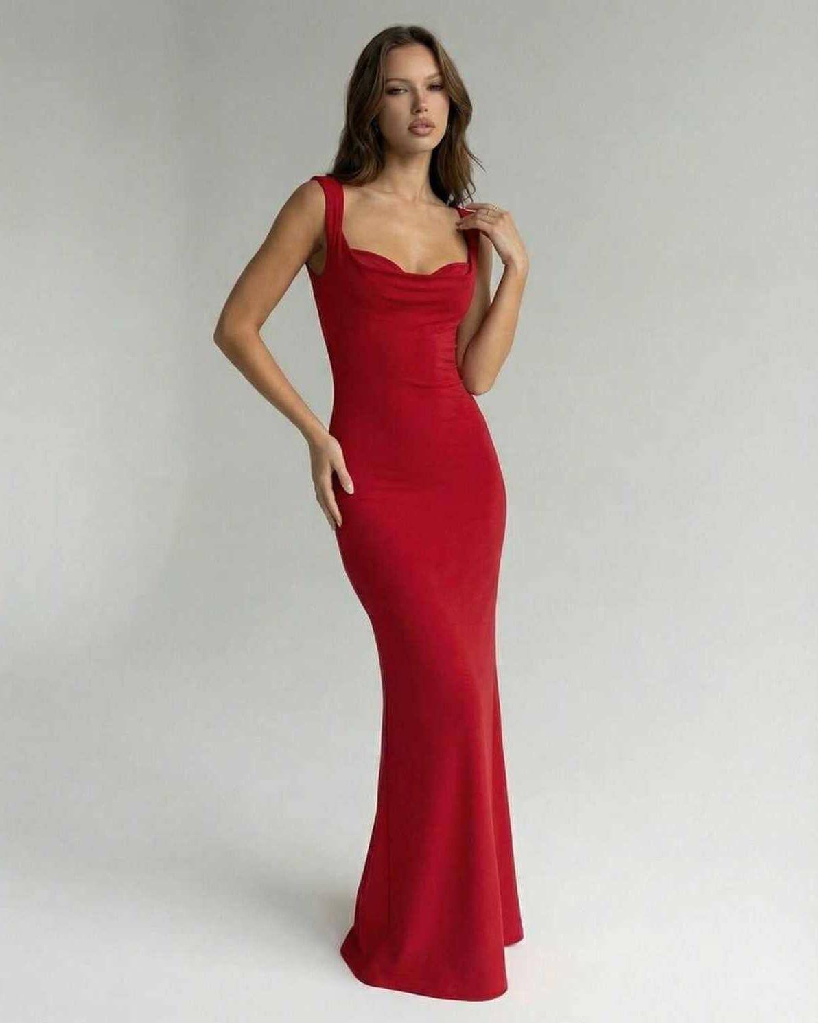 Scarlet Maxi Dress by Lauven, sleek spaghetti strap silhouette in vibrant red, perfect for clubs or special occasions.