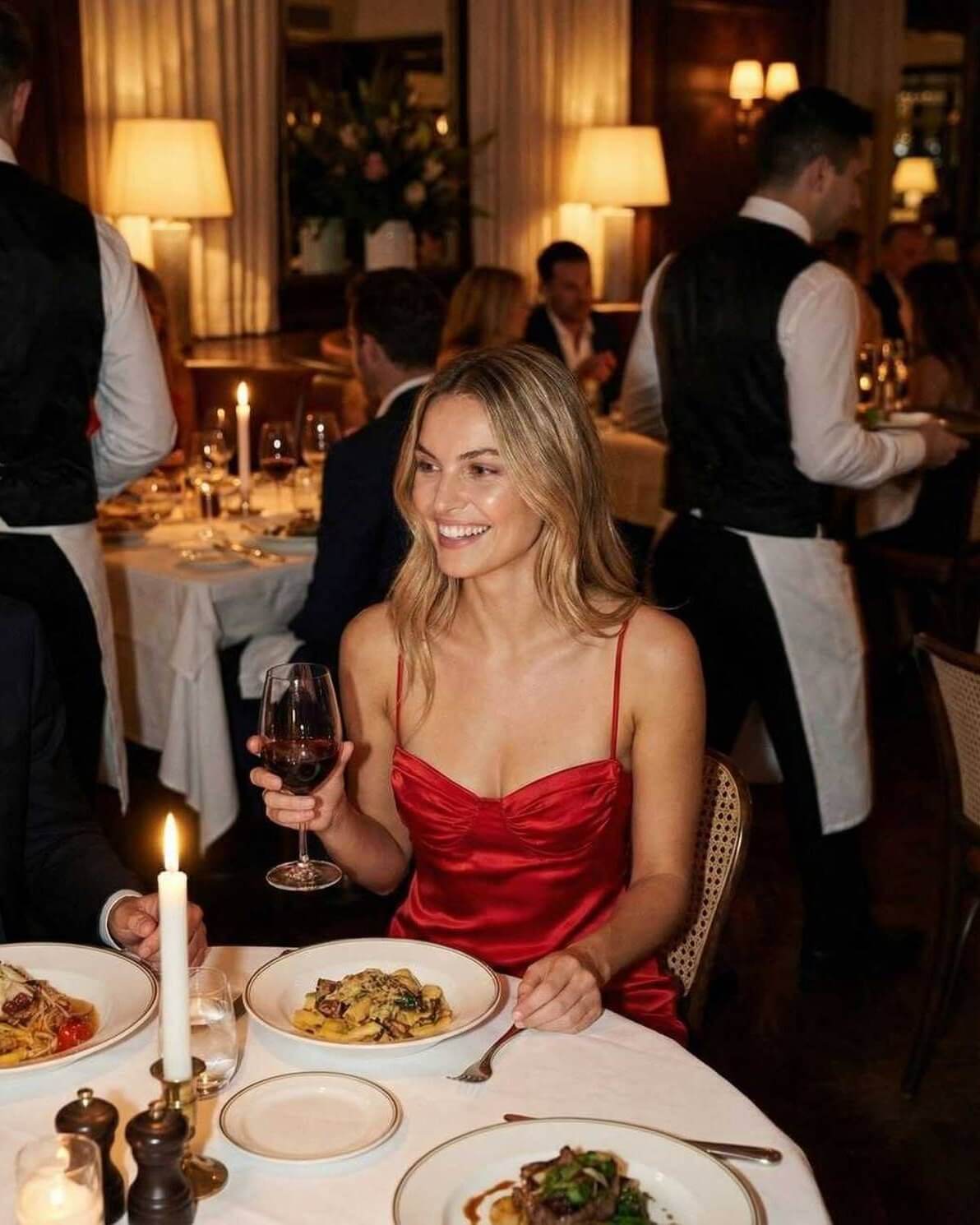 Orion Mini Dress by Lauven worn at an elegant dining setting, showcasing a sleek satin silhouette in red.