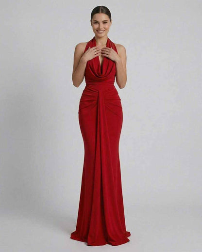 Celeste Maxi Dress by Lauven, elegant red satin silhouette for formal occasions.