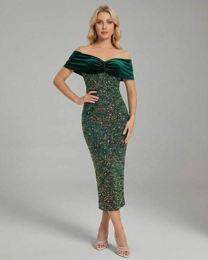Celeste Midi Dress by Lauven - Elegant off-shoulder green evening dress with luxurious velvet design.