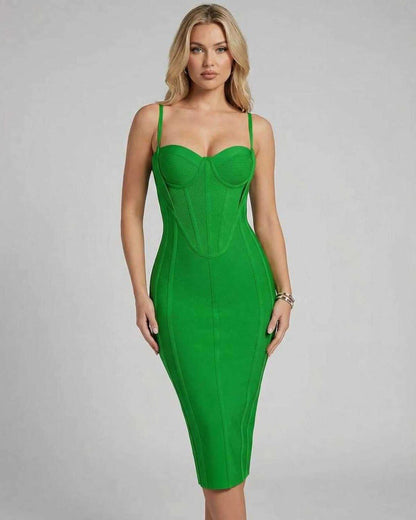 Zara Midi Dress by Lauven, sleek green bodycon dress with V-neckline and fitted silhouette.