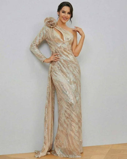 Celeste Maxi Dress by Lauven - Elegant one-shoulder sequin gown with a luxurious design and mermaid silhouette.