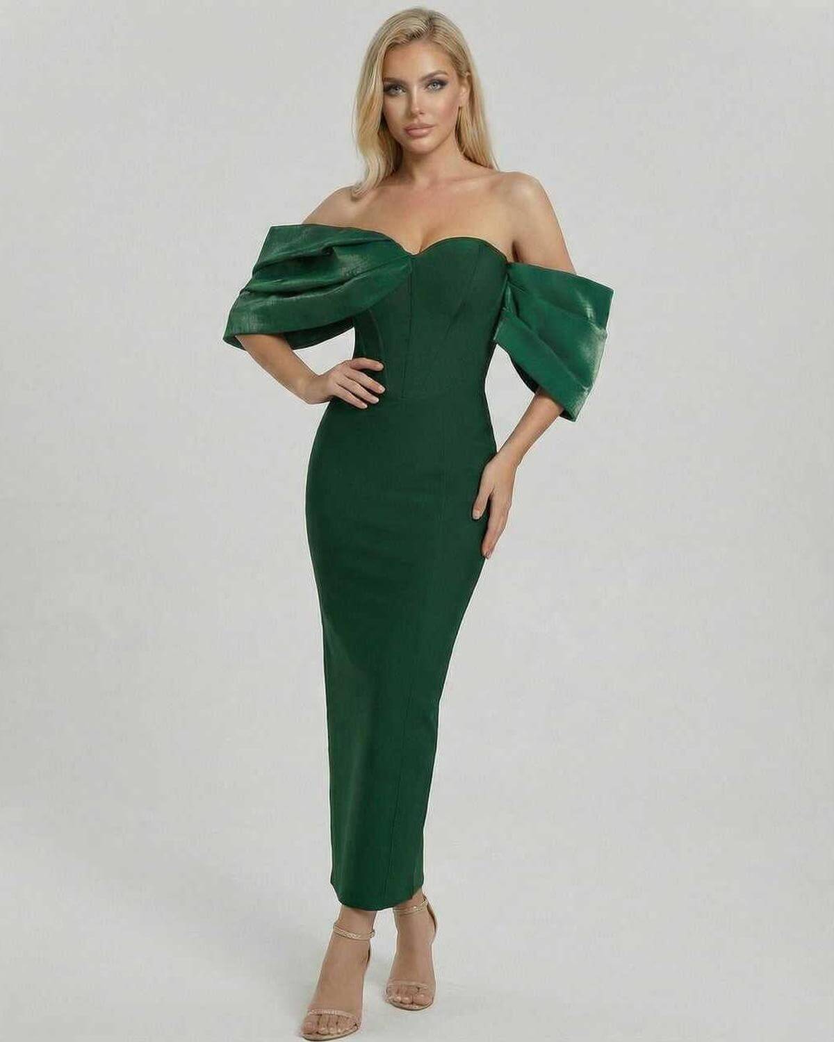 Verona Midi Dress by Lauven - Elegant green off the shoulder midi dress perfect for evening and cocktail events.