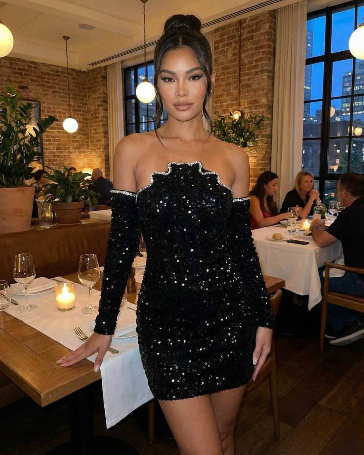 Celeste Mini Dress by Lauven, featuring a sparkling sequin design, perfect for an elegant evening out.